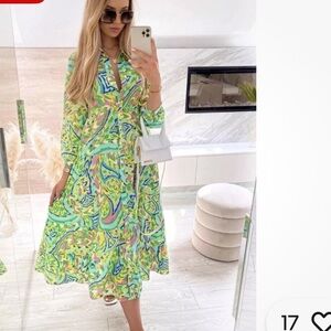 ZARA bloggers favourite GREEN PRINTED DRESS RUFFLE HEM Patterned Dress